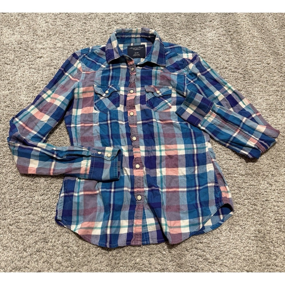 2012 AMERICAN EAGLE Womens Size XS Button Down Plaid Blue Purple Pink Pearl Snap